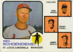 1973 Topps Baseball Cards      497A    Red Schoendienst MG/Vern Benson/George Kissell/Barney Schultz Orange Background